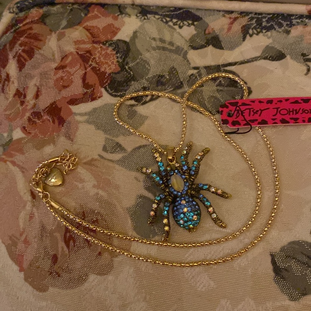 Betsey Johnson Blue Rhinestone Spider Necklace 18” Goldtone Chain - Picture 2 of 6